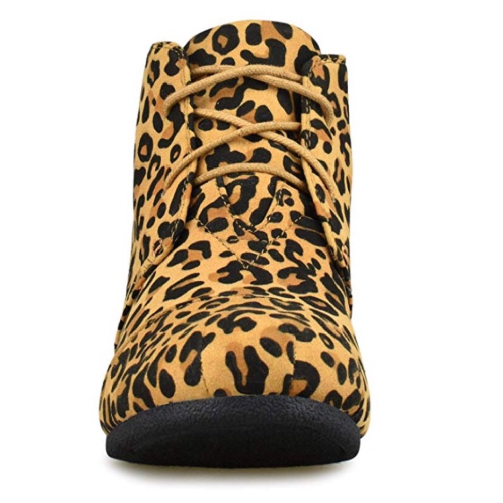Tan Leopard Lace Up Wedge Booties - Picture 3 of 7